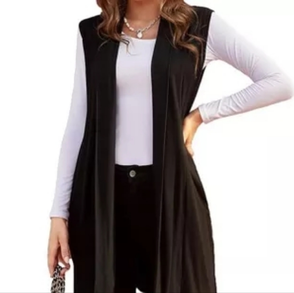 BRAND NWT Black Knit Sleeveless Open Front Hoodie 1X